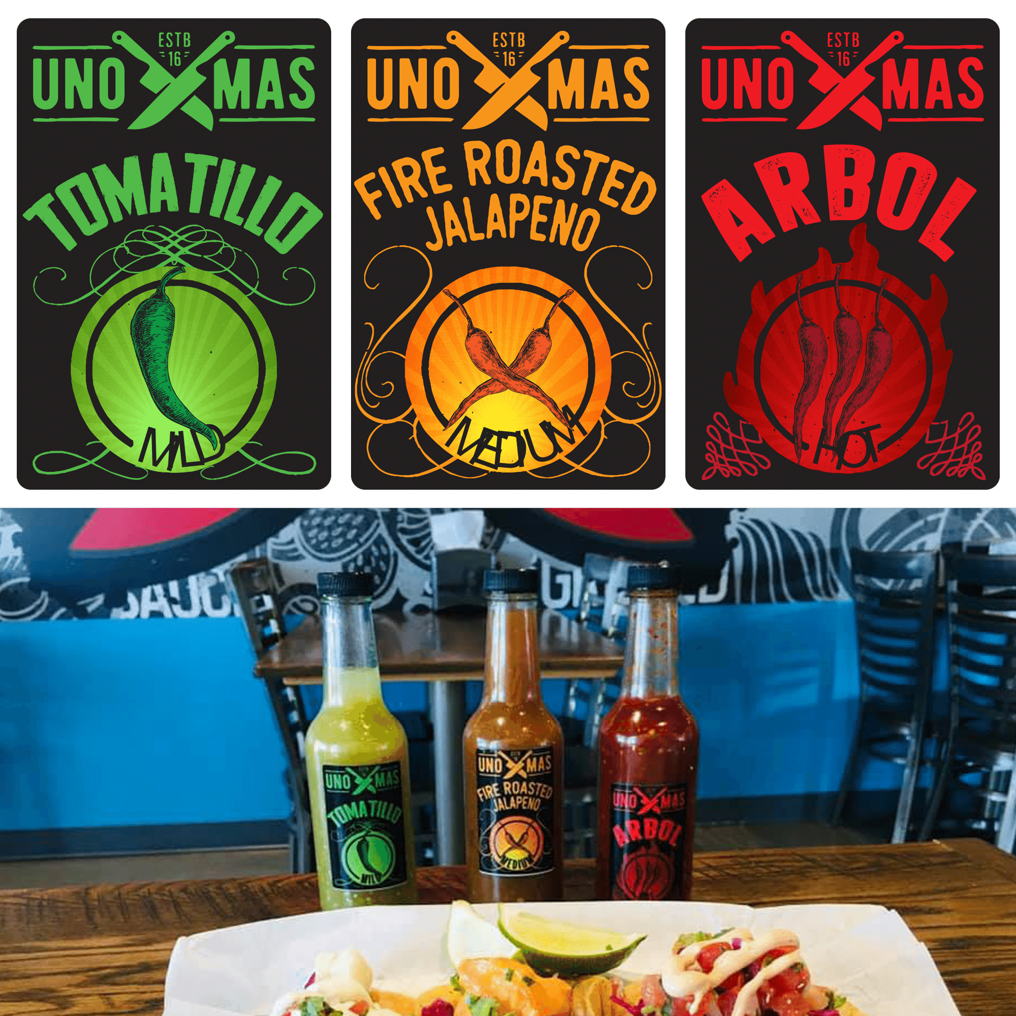 Revised Uno Más salsa label designs